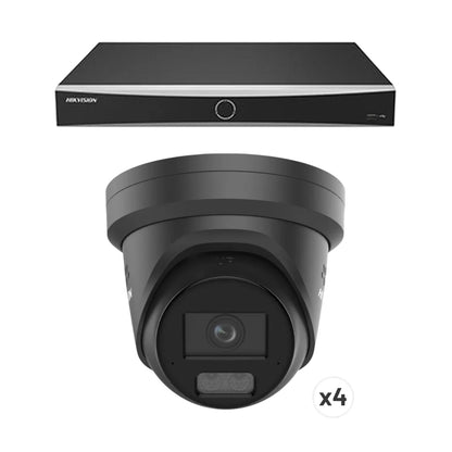 Zwart Hikvision 8-kanaals NVR beveiligingssysteem met vier 8MP ColorVu AcuSense turret camera's.
