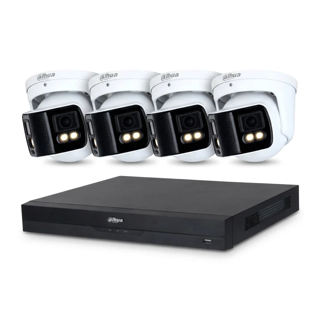 Dahua 8-kanaals NVR met vier witte 180° panorama dome camera's voor AI-beveiliging.