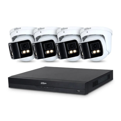 Dahua 8-kanaals NVR met vier witte 180° panorama dome camera's voor AI-beveiliging.