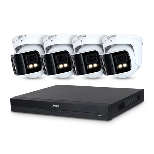Dahua 8-kanaals NVR met vier witte 180° panorama dome camera's voor AI-beveiliging.