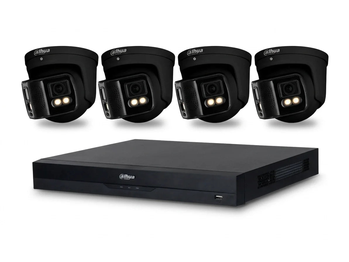Zwart Dahua 8-kanaals NVR-systeem met vier 8MP 180° panorama dome-camera's met full-color nachtzicht.