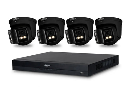 Zwart Dahua 8-kanaals NVR-systeem met vier 8MP 180° panorama dome-camera's met full-color nachtzicht.