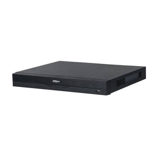 Zwarte Dahua NVR5208-8P-EI2 netwerk videorecorder met strak metalen design en voorzijde USB-poort.