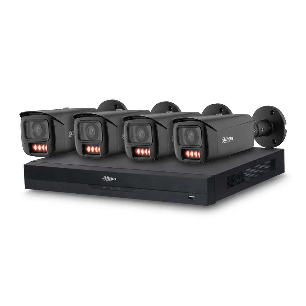 Zwart Dahua 8-kanaals AI-beveiligingspakket met NVR en vier 8MP Full-color bullet-camera's met rode verlichting.