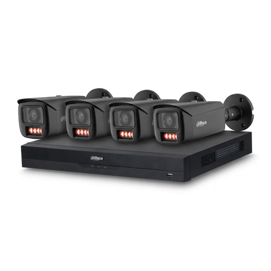 Zwart Dahua 8-kanaals AI-beveiligingspakket met NVR en vier 8MP Full-color bullet-camera's met rode verlichting.