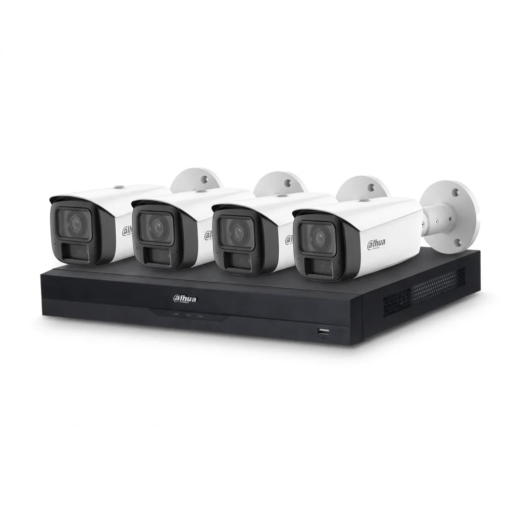 Dahua 8-kanaals NVR met vier witte 8MP Full-color bullet-camera's voor professionele AI-beveiliging.