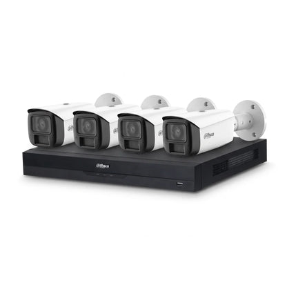 Dahua 8-kanaals NVR met vier witte 8MP Full-color bullet-camera's voor professionele AI-beveiliging.