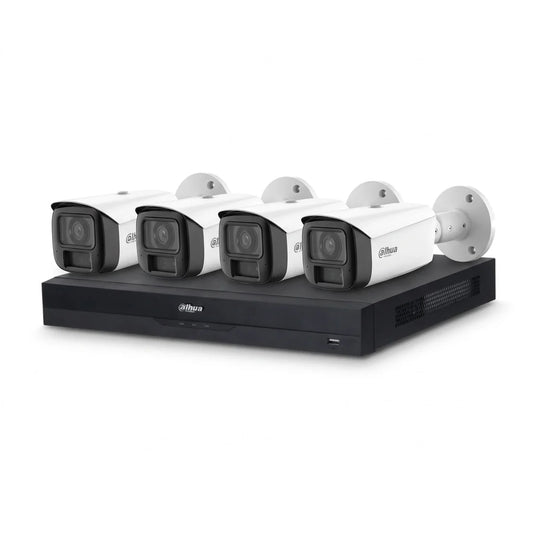 Dahua 8-kanaals NVR met vier witte 8MP Full-color bullet-camera's voor professionele AI-beveiliging.