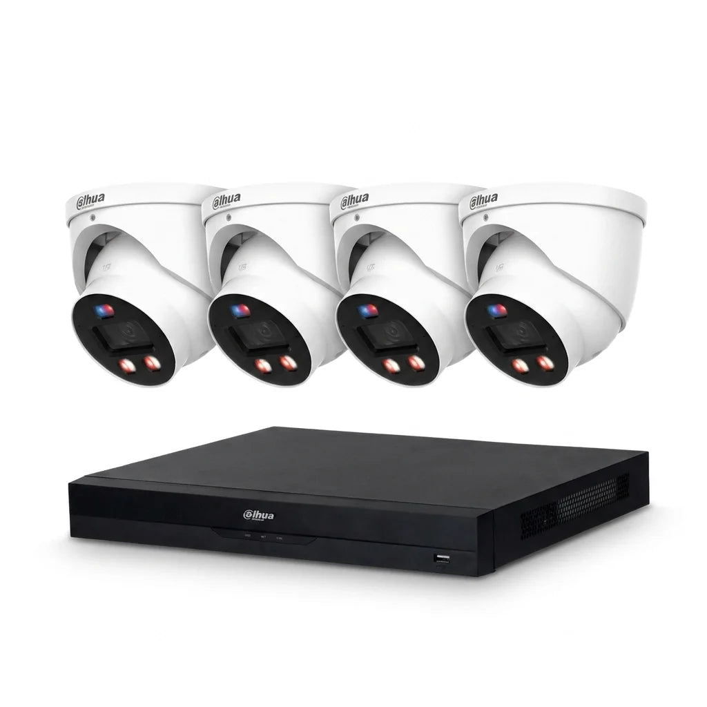 Dahua 8-kanaals NVR met vier witte 8MP Full-color turret-camera's voor professionele AI-beveiliging.