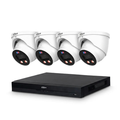 Dahua 8-kanaals NVR met vier witte 8MP Full-color turret-camera's voor professionele AI-beveiliging.