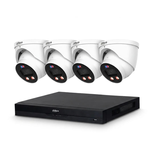 Dahua 8-kanaals NVR met vier witte 8MP Full-color turret-camera's voor professionele AI-beveiliging.