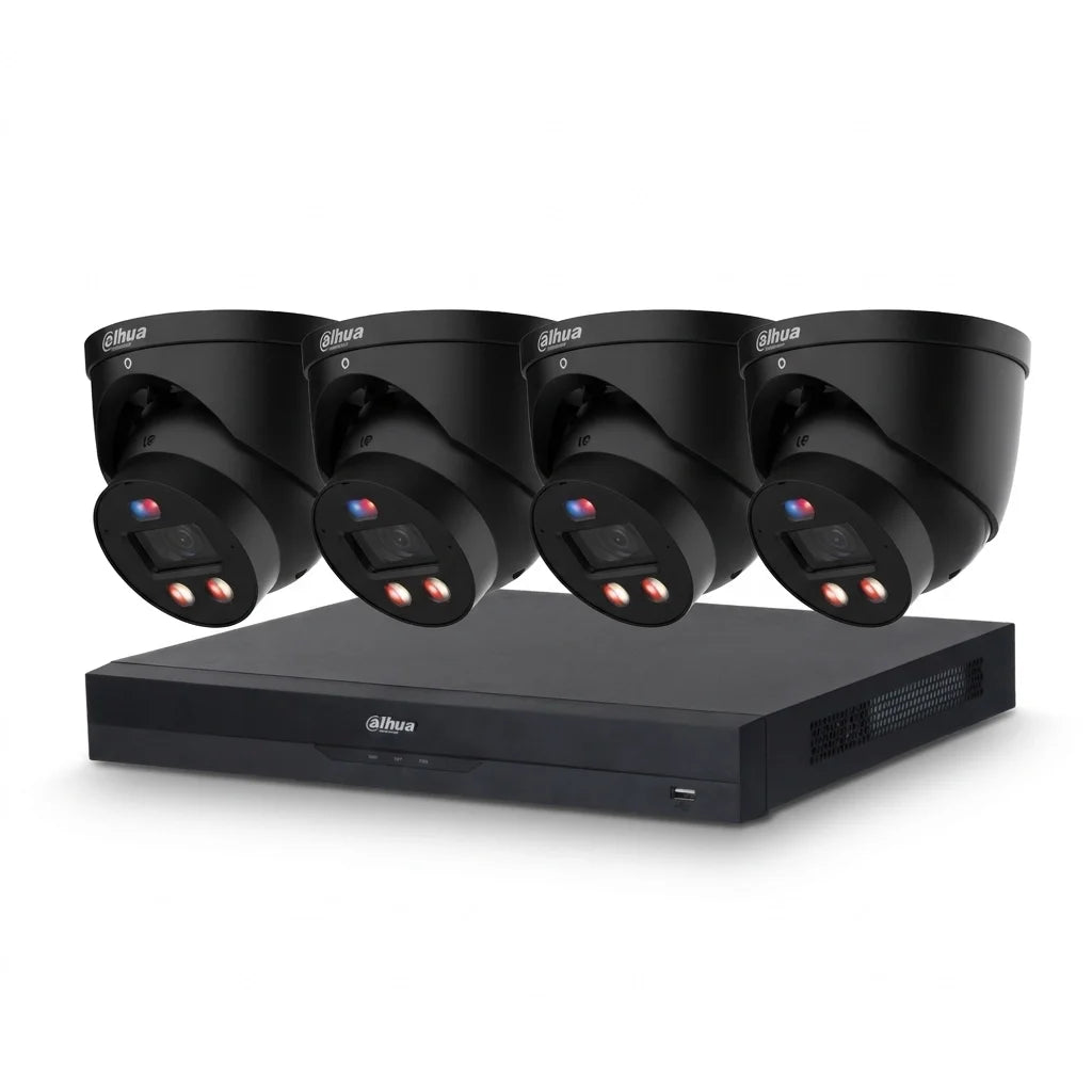 Zwart Dahua 8-kanaals AI-beveiligingspakket met NVR en vier 8MP Full-color turret-camera's.