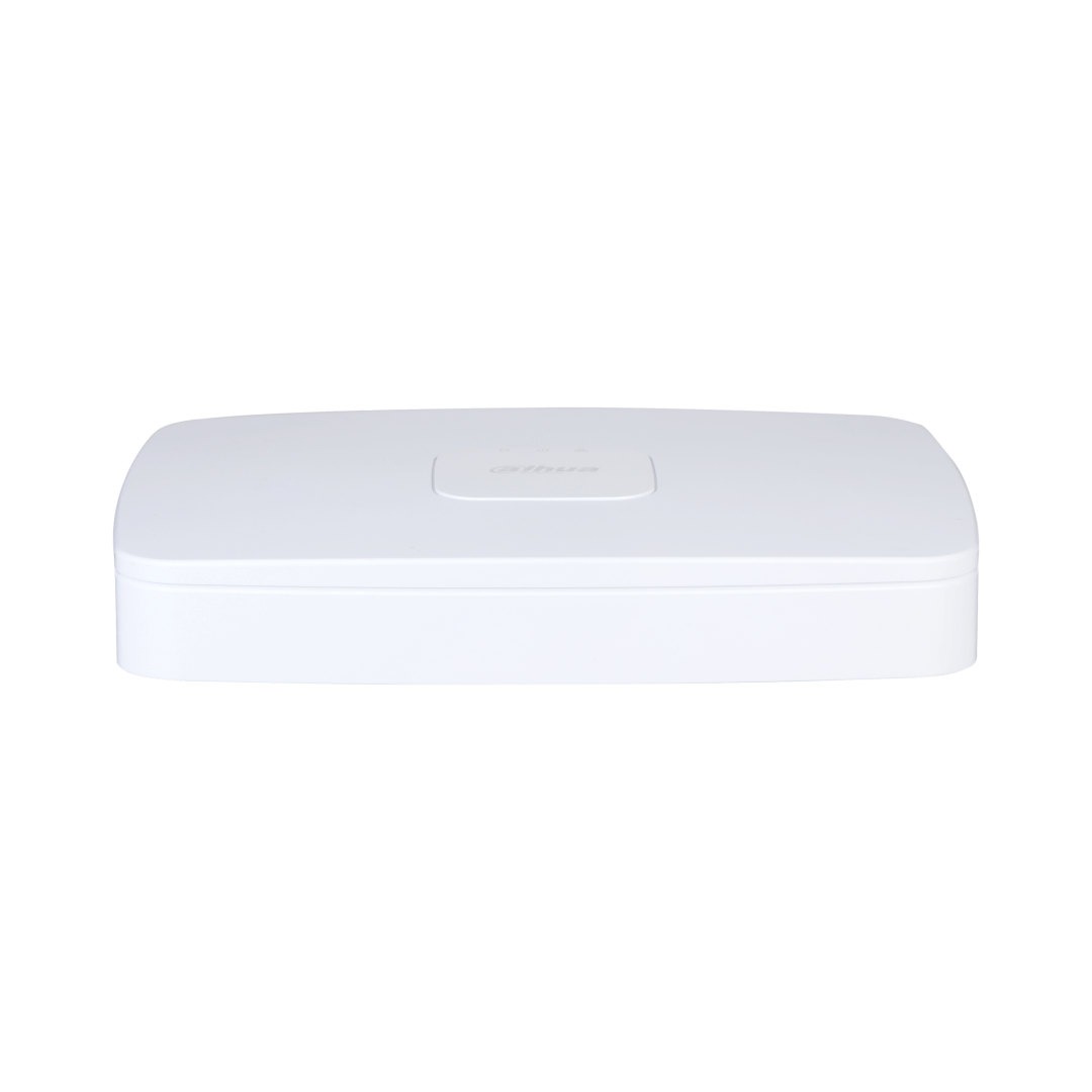 Compacte witte Dahua NVR4108-8P-EI netwerk videorecorder met strak design en centrale statusindicatoren.