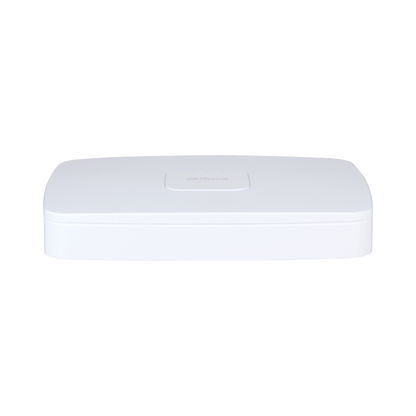 Compacte witte Dahua NVR4108-8P-EI netwerk videorecorder met strak design en centrale statusindicatoren.