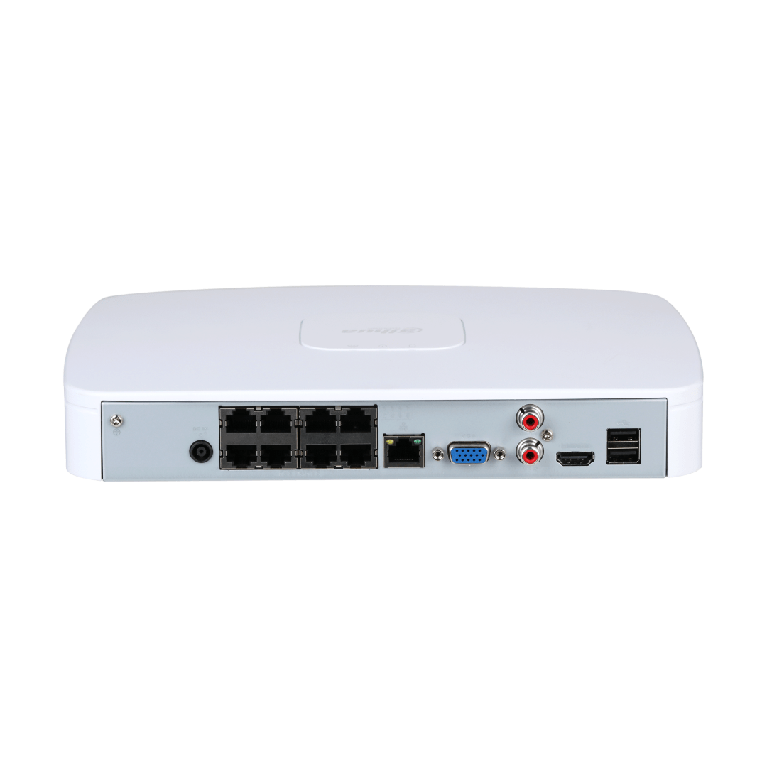 Witte Dahua NVR4108-8P-EI netwerk videorecorder met acht PoE-poorten, HDMI, VGA en audio-aansluitingen op de achterzijde.