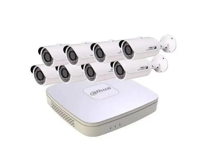 Witte Dahua 8-kanaals NVR met acht bijpassende witte bullet beveiligingscamera's voor professionele videobewaking.