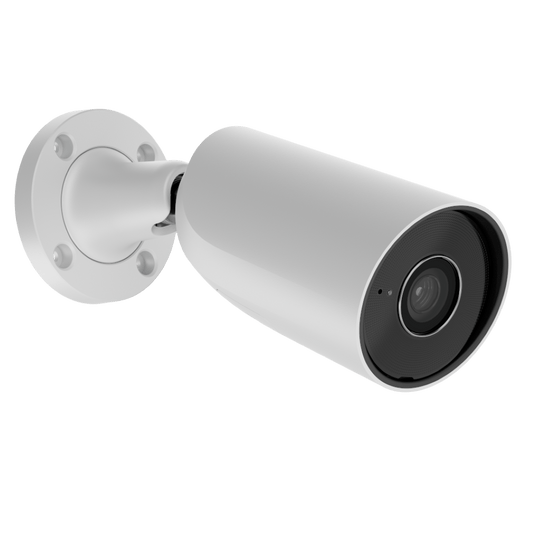 Witte Ajax BulletCam HL 5MP outdoor beveiligingscamera met vaste lens en wandmontagebeugel.