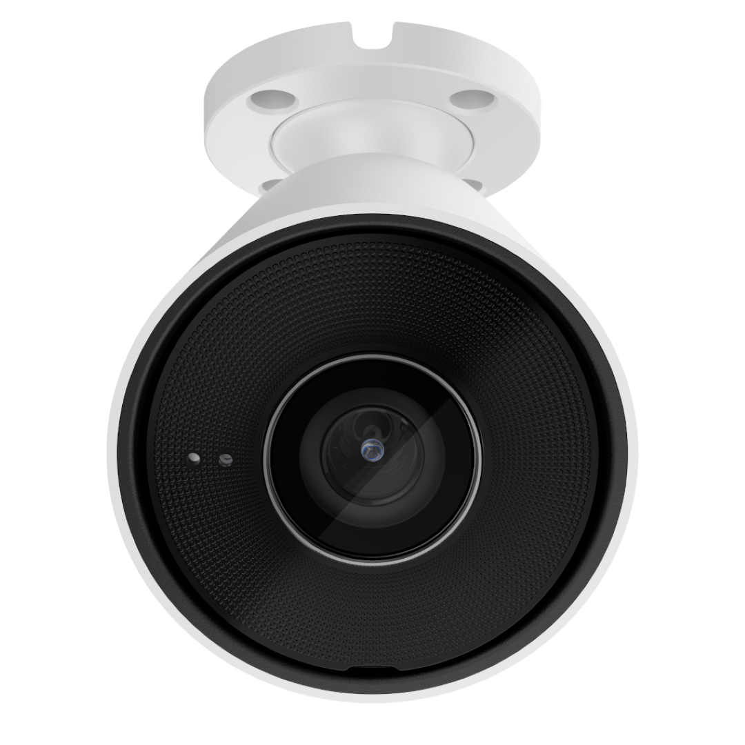 Witte Ajax BulletCam 8MP outdoor beveiligingscamera met 4mm lens en zwarte lensbehuizing.