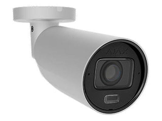 Witte Ajax BulletCam 8MP beveiligingscamera met varifocale lens en hybride verlichting voor buiten.