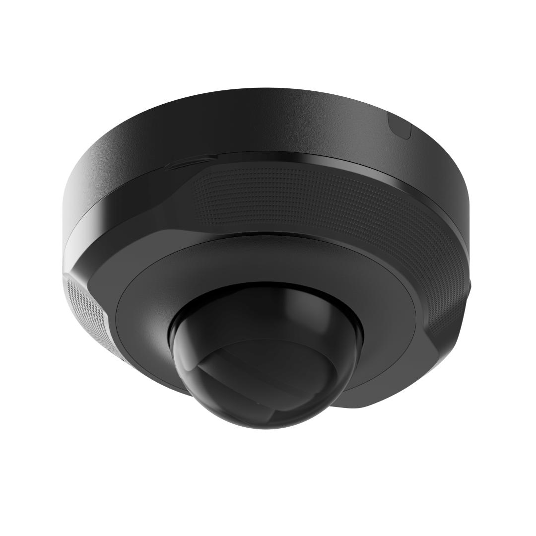 Zwarte Ajax DomeCam Mini 8MP outdoor dome camera met compact design en 2,8mm lens.