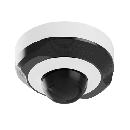 Ajax DomeCam Mini HL 5MP beveiligingscamera in wit met zwarte dome en compact rond design.