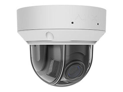 Witte Ajax DomeCam Mini 8MP outdoor beveiligingscamera met varifocale lens en compact koepelontwerp.