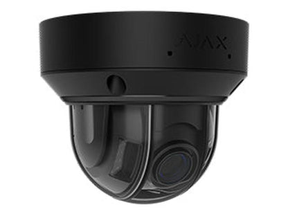 Zwarte Ajax DomeCam Mini HLVF 5MP outdoor beveiligingscamera met varifocale lens en compact dome-ontwerp.