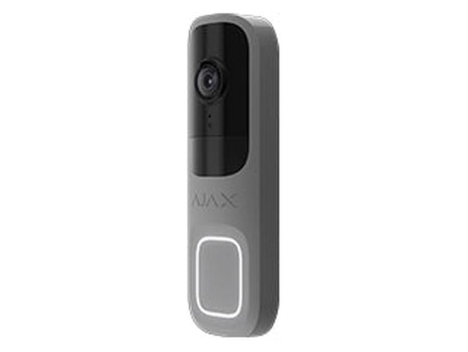 Grijze Ajax Doorbell 4MP videodeurbel met slank design, camera en verlichte drukknop.