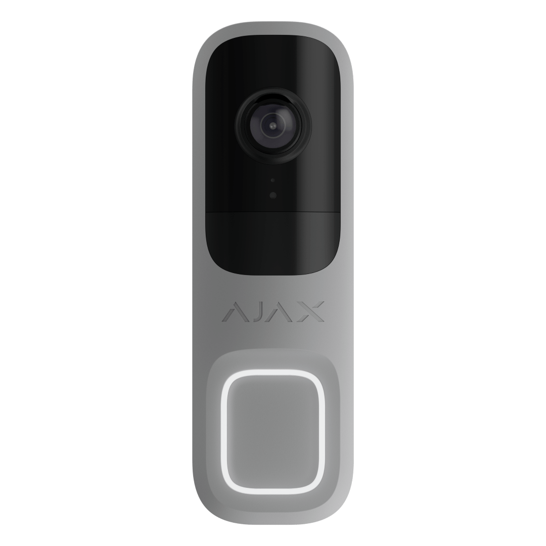 Grijze Ajax Doorbell 4MP WiFi videodeurbel met strak design, camera en verlichte drukknop.