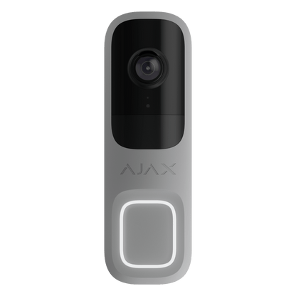 Grijze Ajax Doorbell 4MP WiFi videodeurbel met strak design, camera en verlichte drukknop.