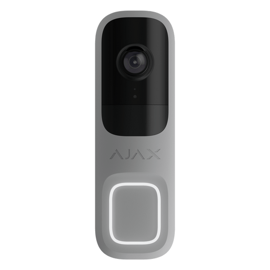 Grijze Ajax Doorbell 4MP WiFi videodeurbel met strak design, camera en verlichte drukknop.