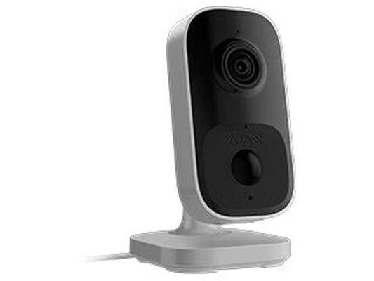 Witte Ajax Indoorcam 4MP beveiligingscamera met zwart front, lens en PIR-sensor op een compacte voet.