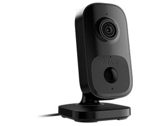 Zwarte Ajax Indoorcam 4MP beveiligingscamera met lens, PIR-sensor en verstelbare voet voor binnen.
