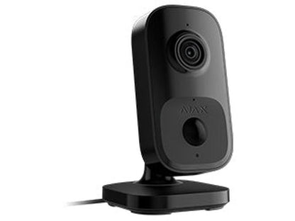 Zwarte Ajax Indoorcam 4MP beveiligingscamera met lens, PIR-sensor en verstelbare voet voor binnen.