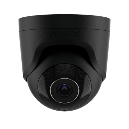 Zwarte Ajax TurretCam 8MP outdoor beveiligingscamera met 4mm lens en strak modern design.