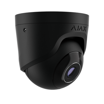 Zwarte Ajax TurretCam HL 5MP outdoor beveiligingscamera met vaste 2,8mm lens en strak modern design.