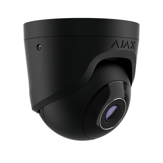 Zwarte Ajax TurretCam HL 5MP outdoor beveiligingscamera met vaste 2,8mm lens en strak modern design.