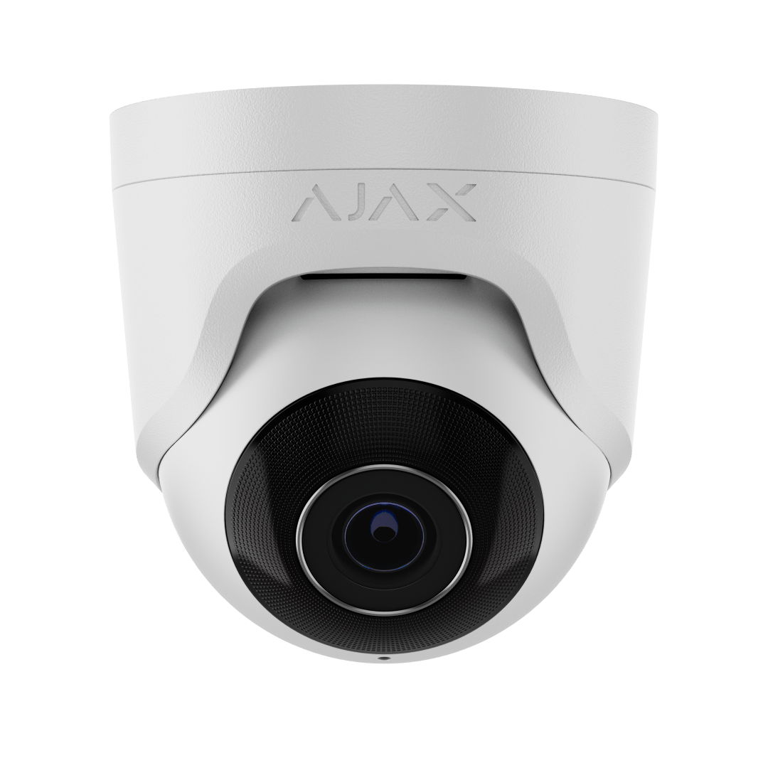 Witte Ajax TurretCam 8MP beveiligingscamera met 2,8mm lens en strak modern design voor buiten.