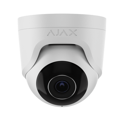Witte Ajax TurretCam 8MP beveiligingscamera met 2,8mm lens en strak modern design voor buiten.