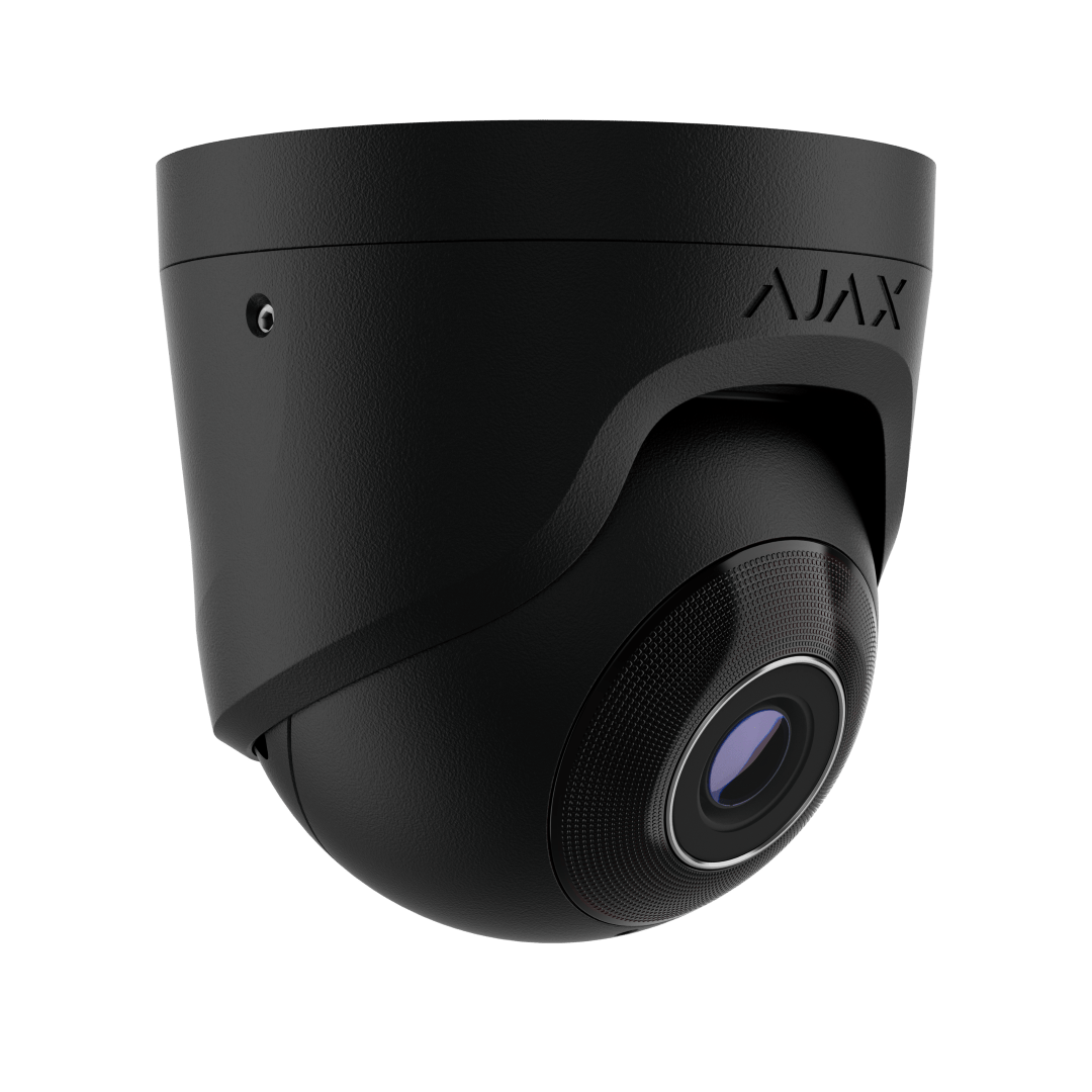 Zwarte Ajax TurretCam HL 8MP outdoor beveiligingscamera met 2,8mm lens en strak modern design.