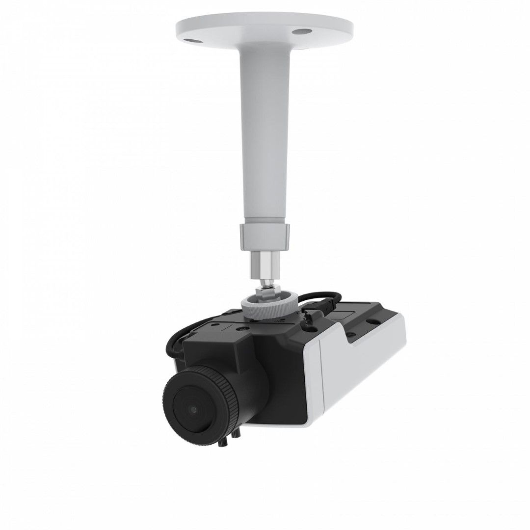Axis M1135 Mk II boxcamera in wit en zwart, gemonteerd aan een wit plafondstatief voor professionele videobewaking.