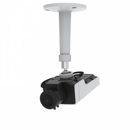Axis M1135 Mk II boxcamera in wit en zwart, gemonteerd aan een wit plafondstatief voor professionele videobewaking.