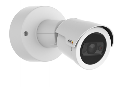 Witte Axis M2035-LE outdoor bullet camera met 3.2mm lens en compact weerbestendig design voor buitenbewaking.