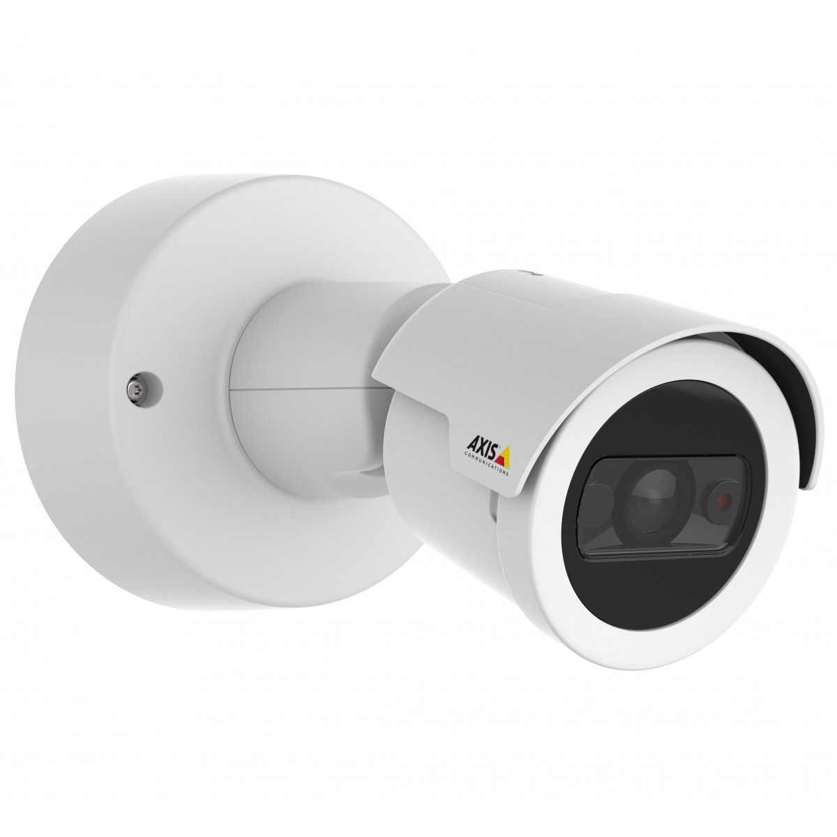 Witte Axis M2036-LE outdoor bullet camera met 4MP lens, IR-verlichting en compact weerbestendig ontwerp.