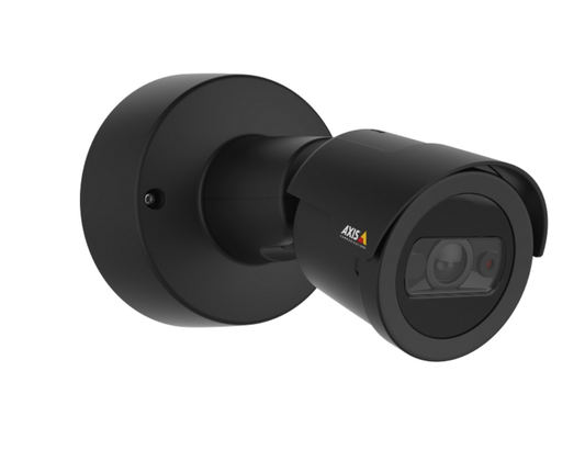 Zwarte Axis M2036-LE outdoor bullet camera met 4MP lens en geïntegreerde muurbeugel voor wandmontage.