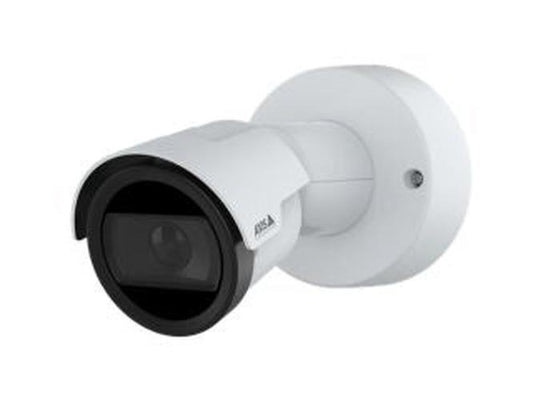 Witte Axis M2048-LE 8MP 4K bulletcamera voor buiten met vaste lens en compact weerbestendig ontwerp.