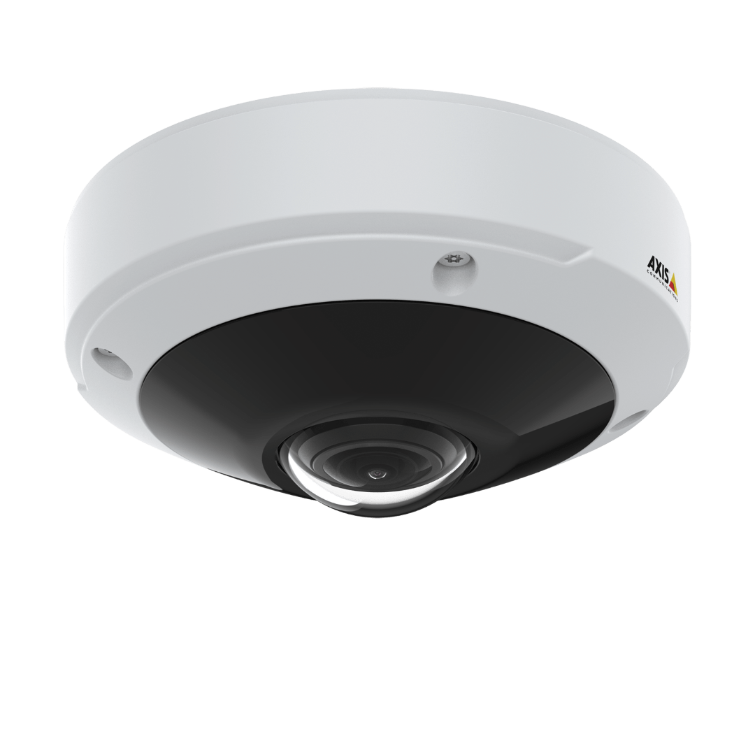 Witte Axis M3077-PLVE panoramische mini-dome camera met zwarte lens voor 360-graden bewaking.