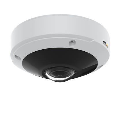 Witte Axis M3077-PLVE panoramische mini-dome camera met zwarte lens voor 360-graden bewaking.