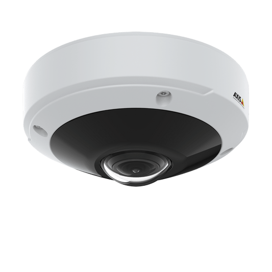 Witte Axis M3077-PLVE panoramische mini-dome camera met zwarte lens voor 360-graden bewaking.