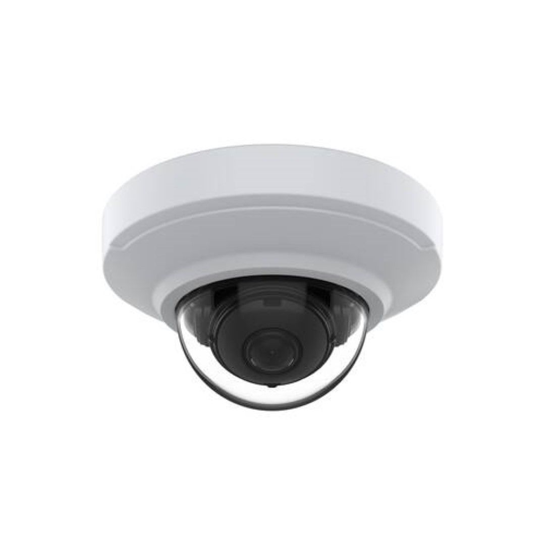 Witte Axis M3085-V compacte mini dome IP-camera voor binnen met een zwarte lens in een schroefvrije behuizing.